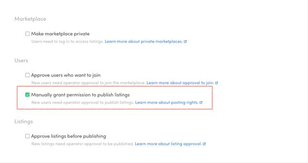 Publish listings permission checkbox